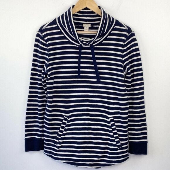 J. Crew Factory Blue Striped Waffle Knit Cowl Neck Pullover Sweater Women XS - Picture 1 of 7